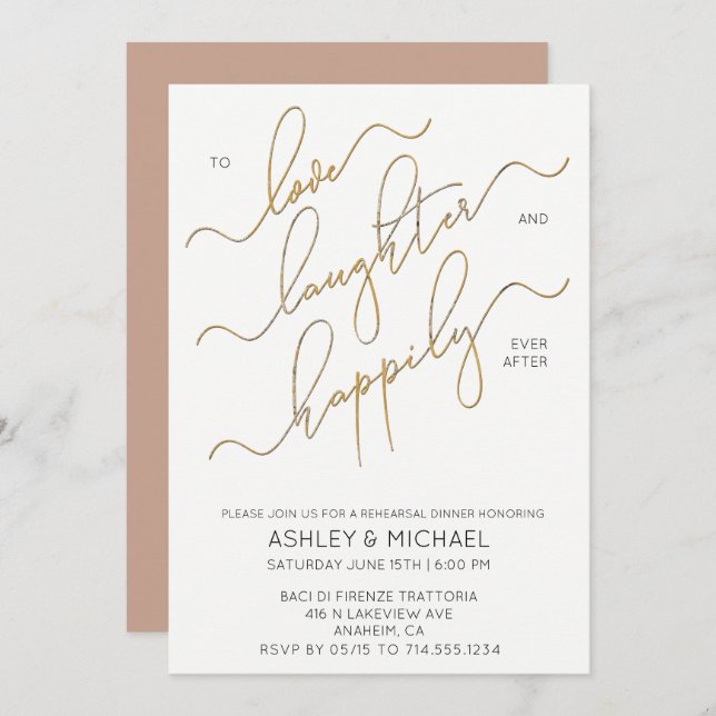 Neutral Blush Brown Gold Script Rehearsal Dinner Invitation (Front/Back)
