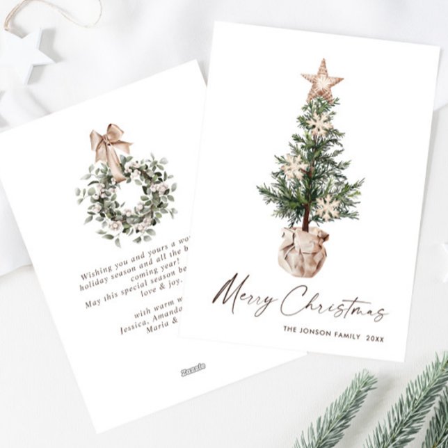 Neutral Bohemian Christmas Pine Tree Greeting Holiday Card (Creator Uploaded)
