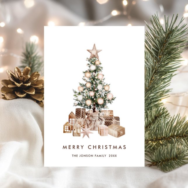 Neutral Bohemian Christmas Pine Tree Greeting Holiday Card (Creator Uploaded)