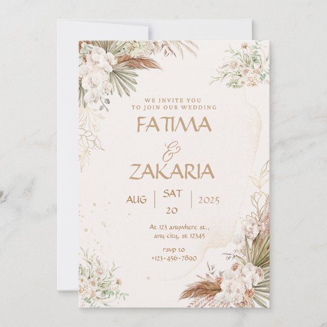 Neutral Bohemian Floral Elegant Wedding Invitation (Front)