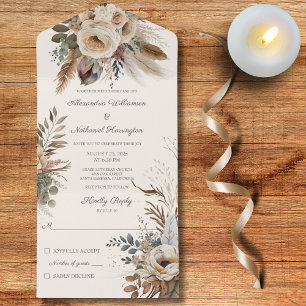 Neutral Bohemian Flowers & Feathers All In One Invitation