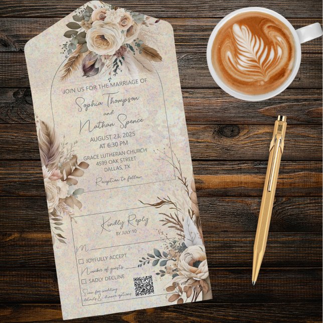 Neutral Bohemian Style Flowers QR Code  All In One Invitation (Creator Uploaded)
