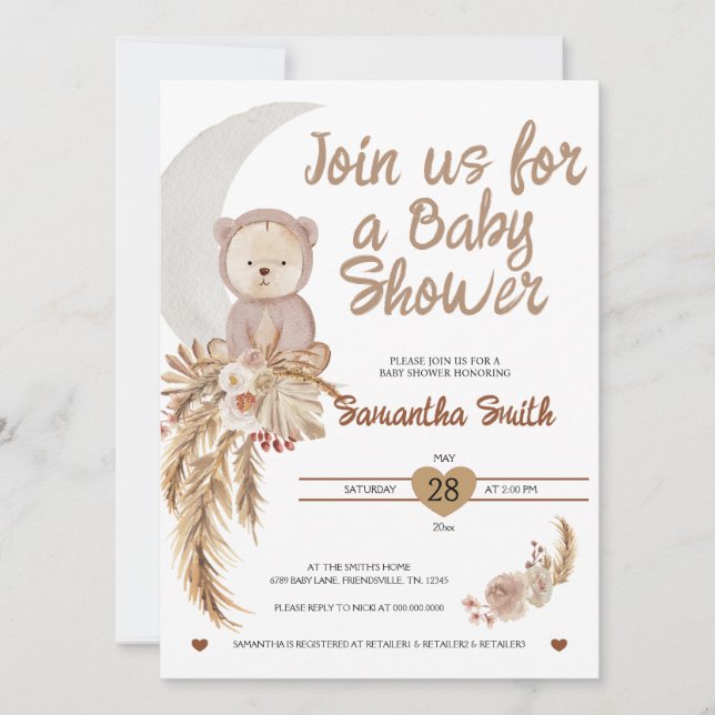 Neutral Boho Bear Moon Baby Shower Invite (Front)