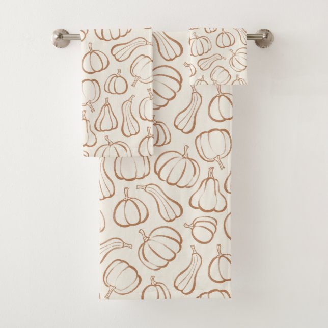 Neutral Boho Beige Pumpkin Pattern Fall Halloween Bath Towel Set (Insitu)