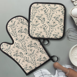 Neutral Boho Botanical Oven Mitt & Pot Holder Set