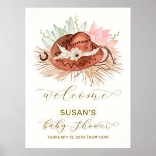 Neutral Boho Cactus Cowboy Hat Baby Shower Welcome Poster