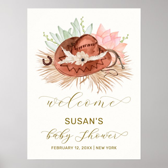 Neutral Boho Cactus Cowboy Hat Baby Shower Welcome Poster (Front)