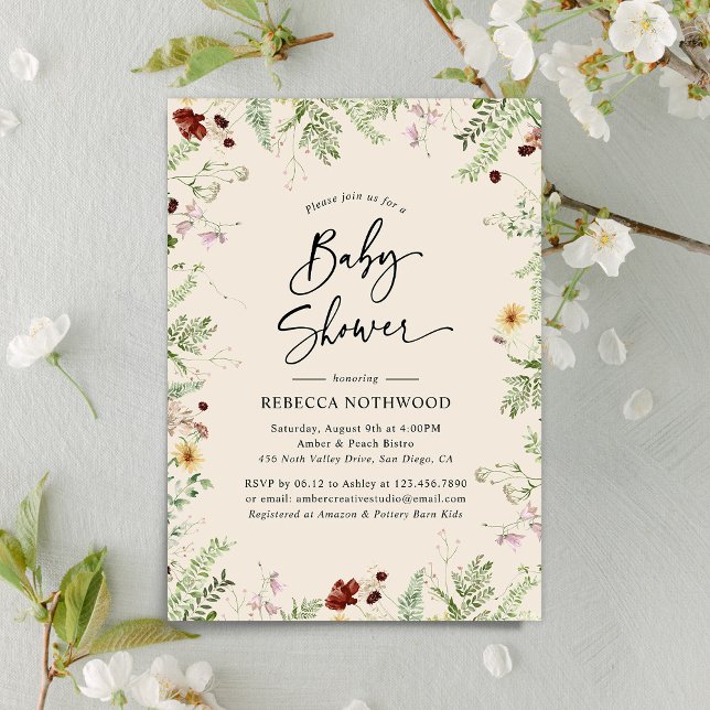 Neutral Boho Chic Cute Wildflowers Baby Shower Invitation (Creator Uploaded)