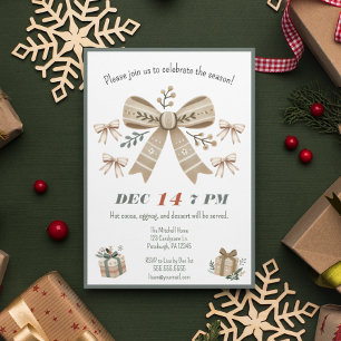 Neutral Boho Coquette Bow Christmas Party Invitation
