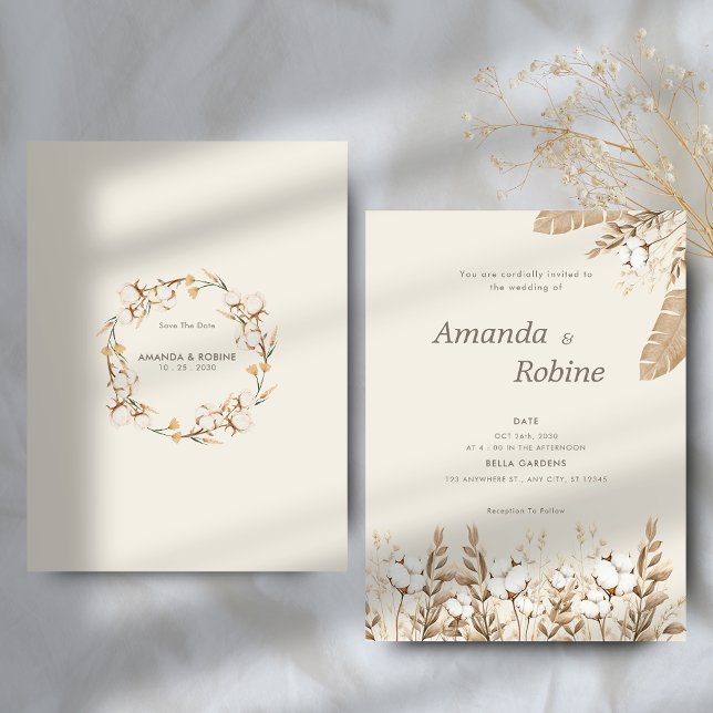 Neutral Boho Cotton Floral Wedding Invitation  (Creator Uploaded)