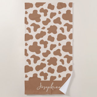Neutral Boho Cow Print Western Cowgirl Beige Name Beach Towel