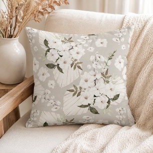 Neutral Boho Floral Throw Pillow White Blossoms