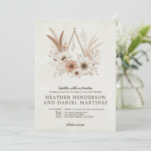 Neutral Boho Floral with QR Code & Details Wedding Invitation