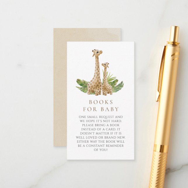 Neutral Boho Giraffe Baby Shower Books For Baby Enclosure Card (Front/Back In Situ)
