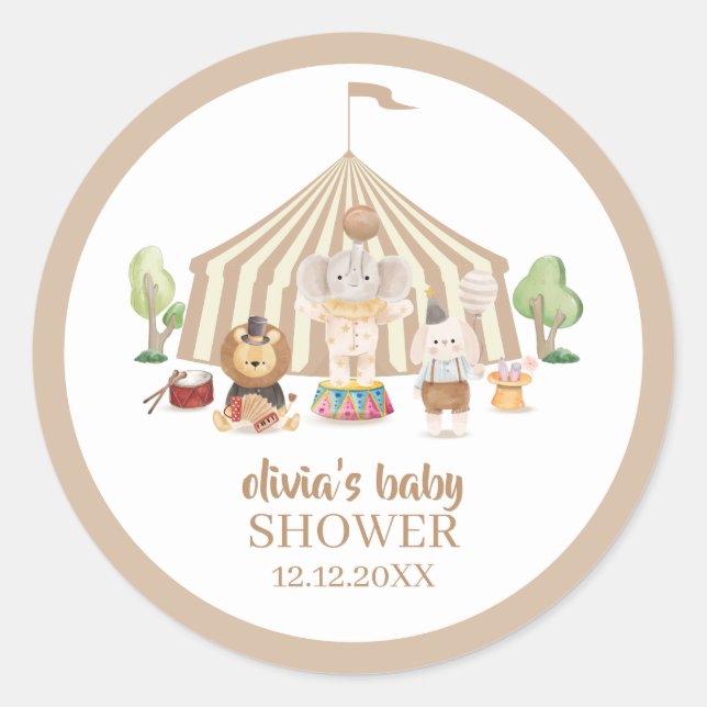 Neutral Boho Magical Safari Circus Baby Shower  Classic Round Sticker (Front)