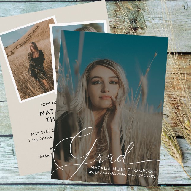 Neutral Boho Photo Modern Script Graduation Party Invitation (Creator Uploaded)