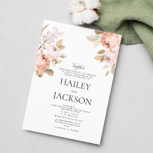 Neutral boho pink brown rustic floral wedding  invitation