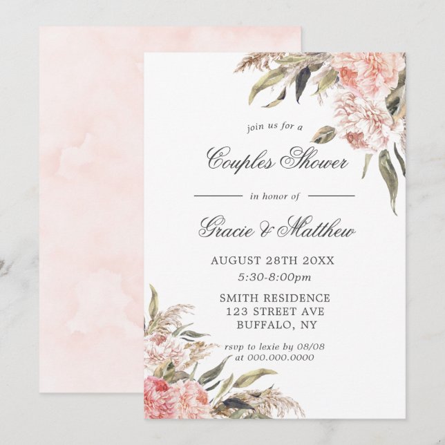 Neutral Boho Pink Peony Couples Shower Invitations (Front/Back)