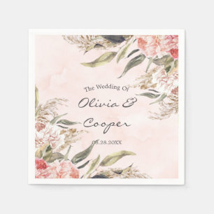 Neutral Boho Pink Peony Pampas Grass Wedding Napkin