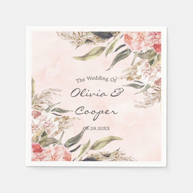 Neutral Boho Pink Peony Pampas Grass Wedding Napkin (Front)
