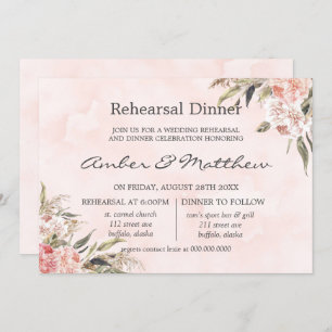 Neutral Boho Pink Peony Pampas Rehearsal Dinner In Invitation