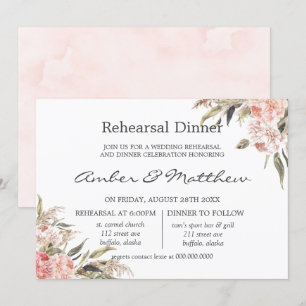 Neutral Boho Pink Peony Pampas Rehearsal Dinner Invitation