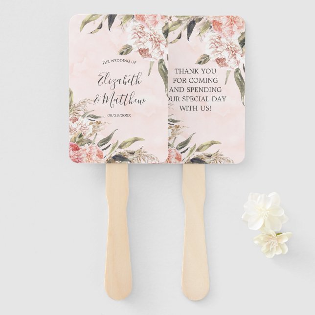 Neutral Boho Pink Peony Pampas Wedding Thank You Hand Fan (Front and Back)