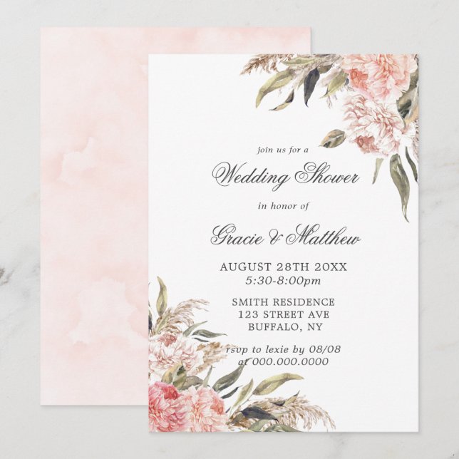 Neutral Boho Pink Peony Wedding Shower Invitations (Front/Back)