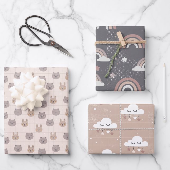 Neutral Boho Rainbow Baby Wrapping Paper Sheet (Front)