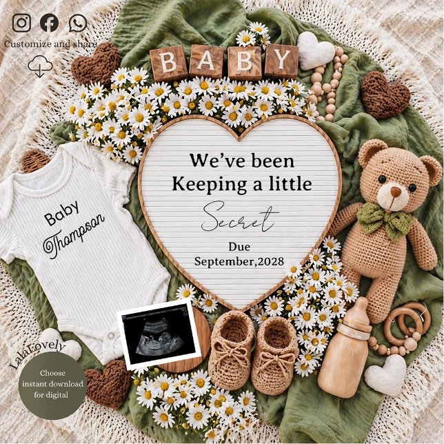 Neutral boho teddy bear pregnancy announcement  (Creator Uploaded)