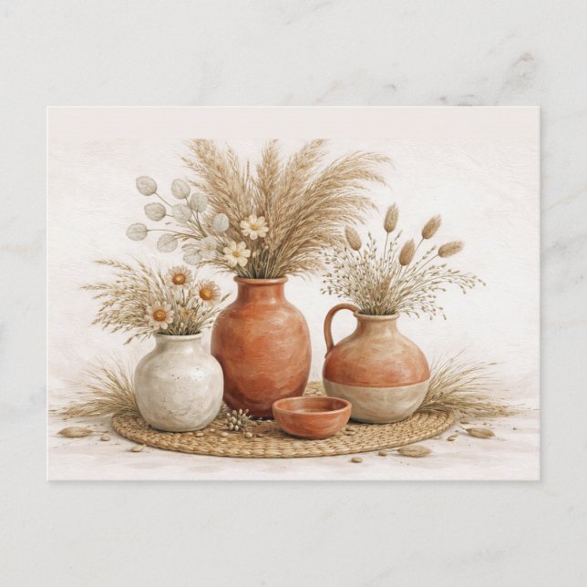Neutral Boho Terracotta Vase Dried Botanical  Postcard (Front)