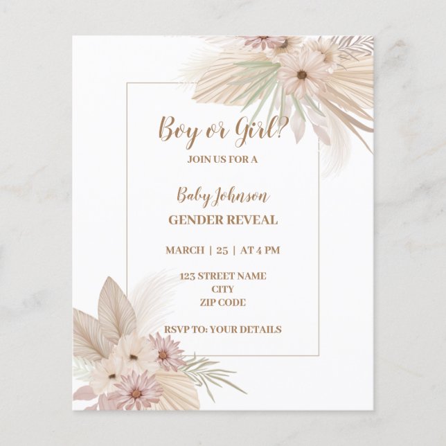 Neutral Boho themed gender reveal invitation (Front)