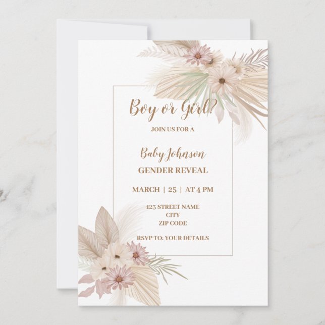 Neutral Boho themed gender reveal invitation (Front)