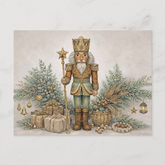 Neutral Boho Watercolor Christmas Nutcracker King  Holiday Postcard (Front)