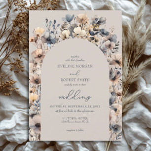 Neutral Boho watercolor wildflowers navy ivory Invitation