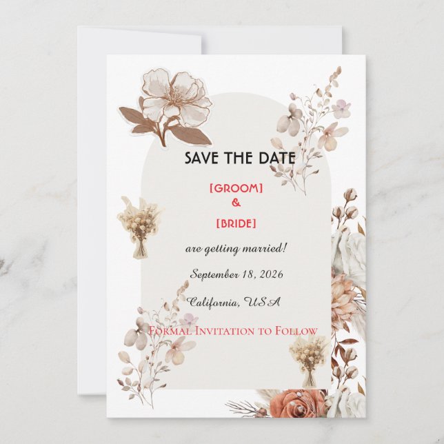 Neutral Boho Wedding Save The Date (Front)