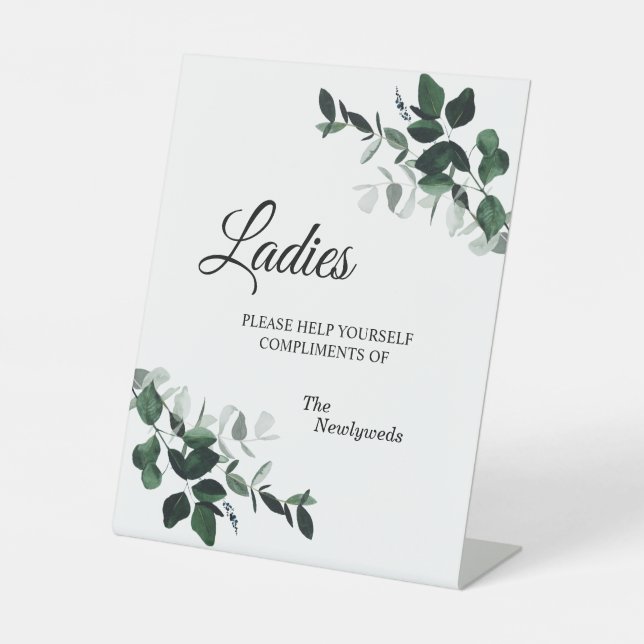 Neutral Botanical Wedding Ladies Bathroom Pedestal Sign (Front)
