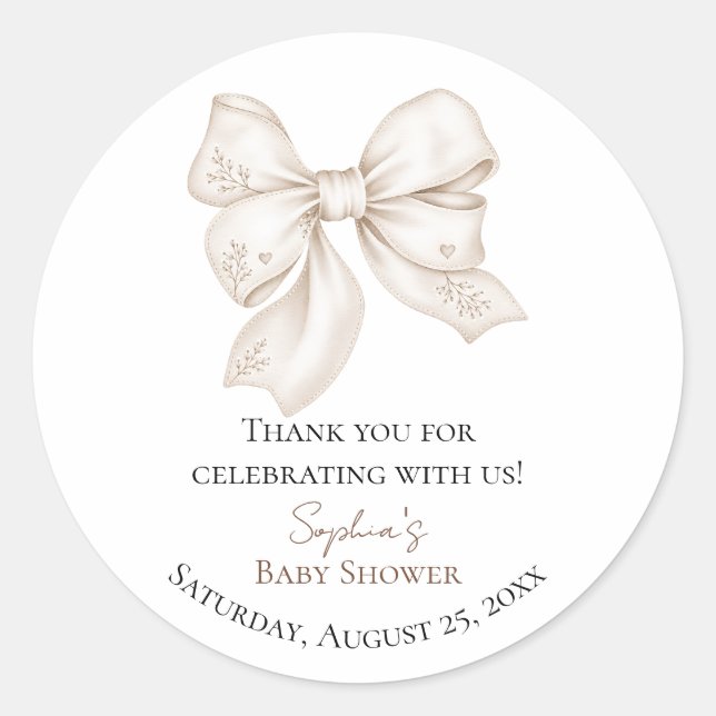 Neutral Bow Baby Shower Favour Sticker (Front)