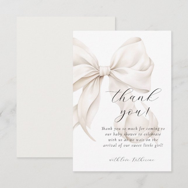 Neutral Bow White Baby Shower Thank You Card (Front/Back)