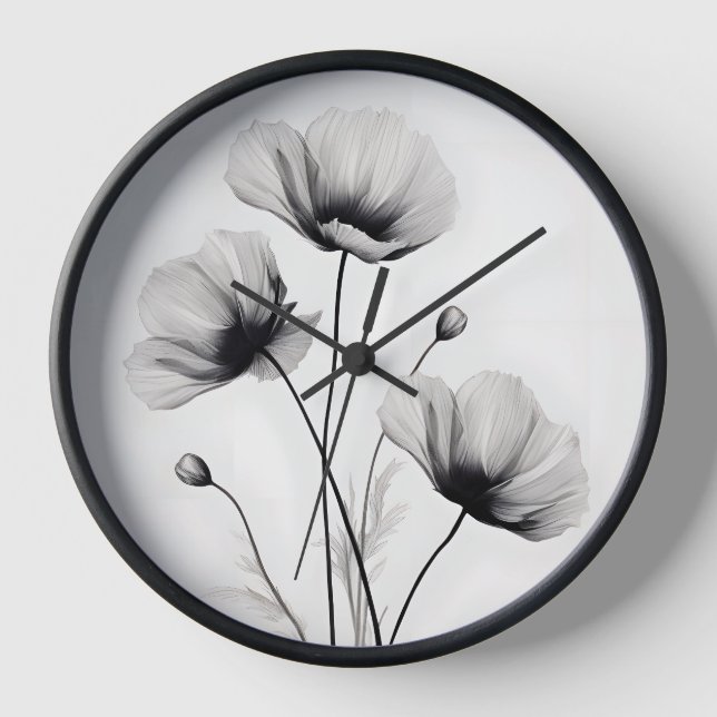 Neutral Bright White Poppies Florals By Ava Clock (Front)
