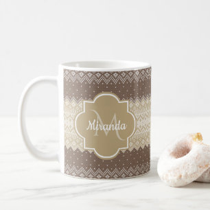 Neutral Brown and Tan Knit Pattern With Name Coffee Mug