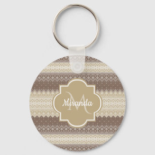 Neutral Brown and Tan Knit Pattern With Name Key Ring