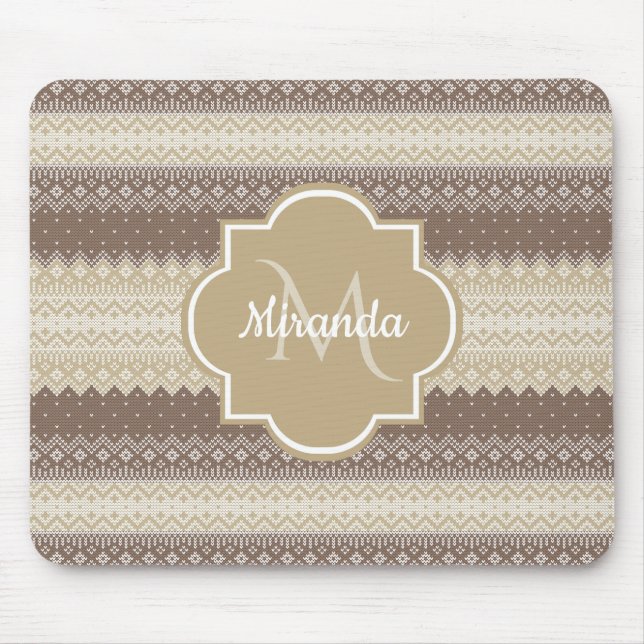 Neutral Brown and Tan Knit Pattern With Name Mouse Mat (Front)
