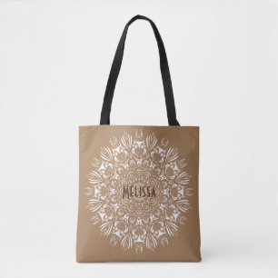 Neutral brown and white owl mandala personalised tote bag