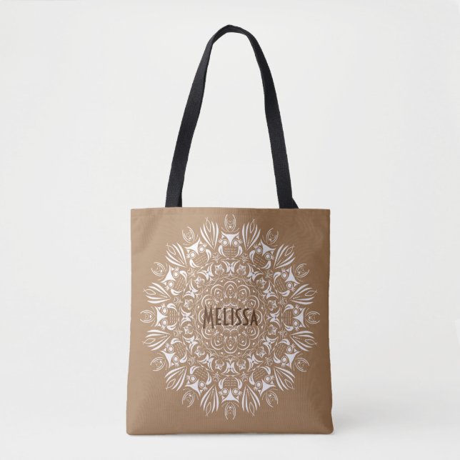 Neutral brown and white owl mandala personalised tote bag (Front)
