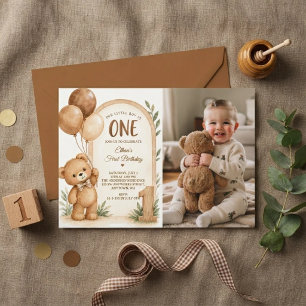 Neutral Brown Bear Woodland 1st Birthday Photo Invitation