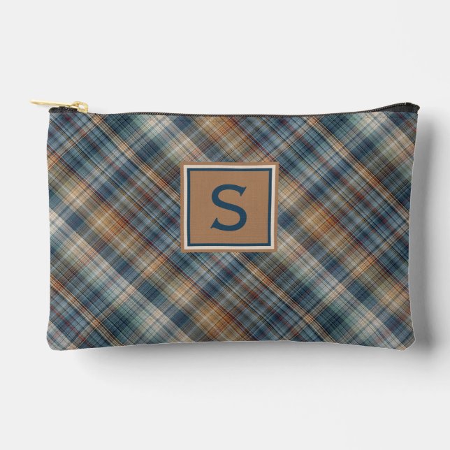 Neutral Brown Beige Teal Blue Plaid Tartan Pattern Accessory Pouch (Front)
