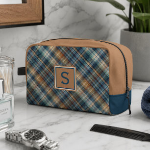 Neutral Brown Beige Teal Blue Plaid Tartan Pattern Dopp Kit