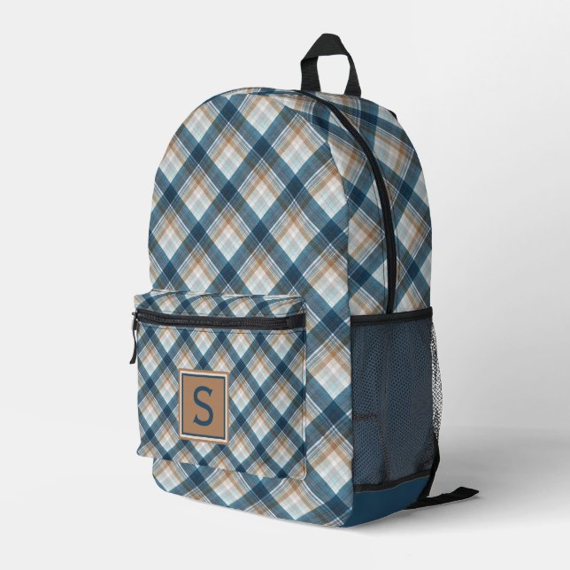 Neutral Brown Beige Teal Blue Plaid Tartan Pattern Printed Backpack (Back Corner Right)