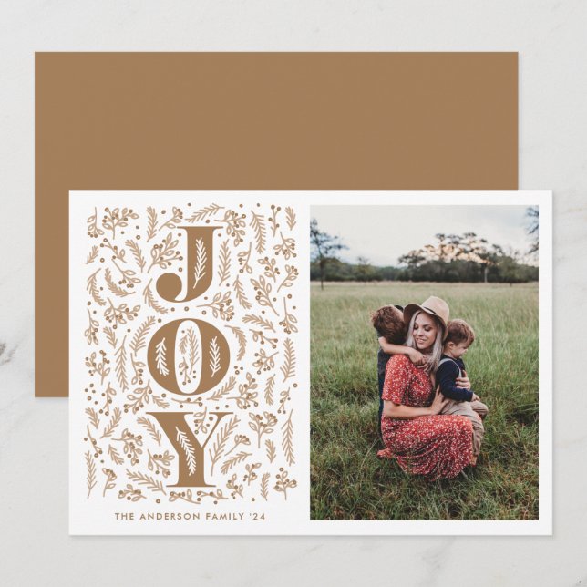 Neutral brown botanical JOY illustration photo Holiday Card (Front/Back)